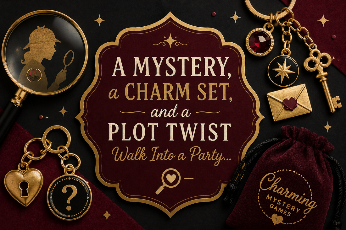 A Mystery, a charm set, and a plot twist walk into a party. There are charms surrounding the title. 