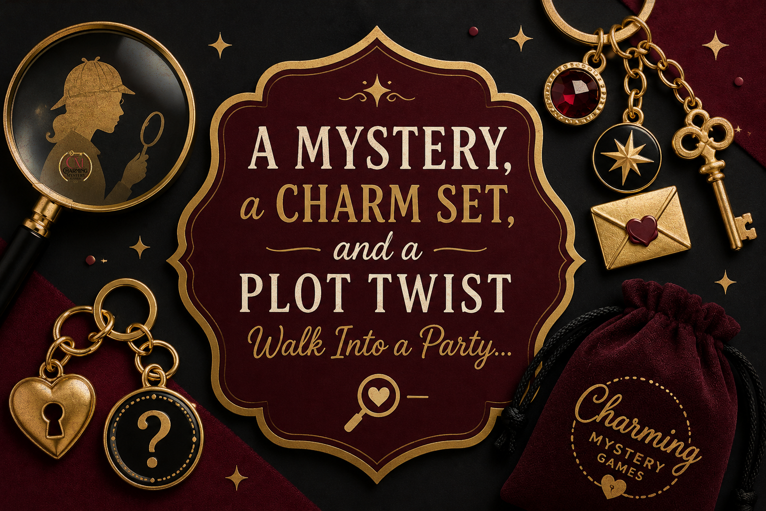 A Mystery, a charm set, and a plot twist walk into a party. There are charms surrounding the title. 