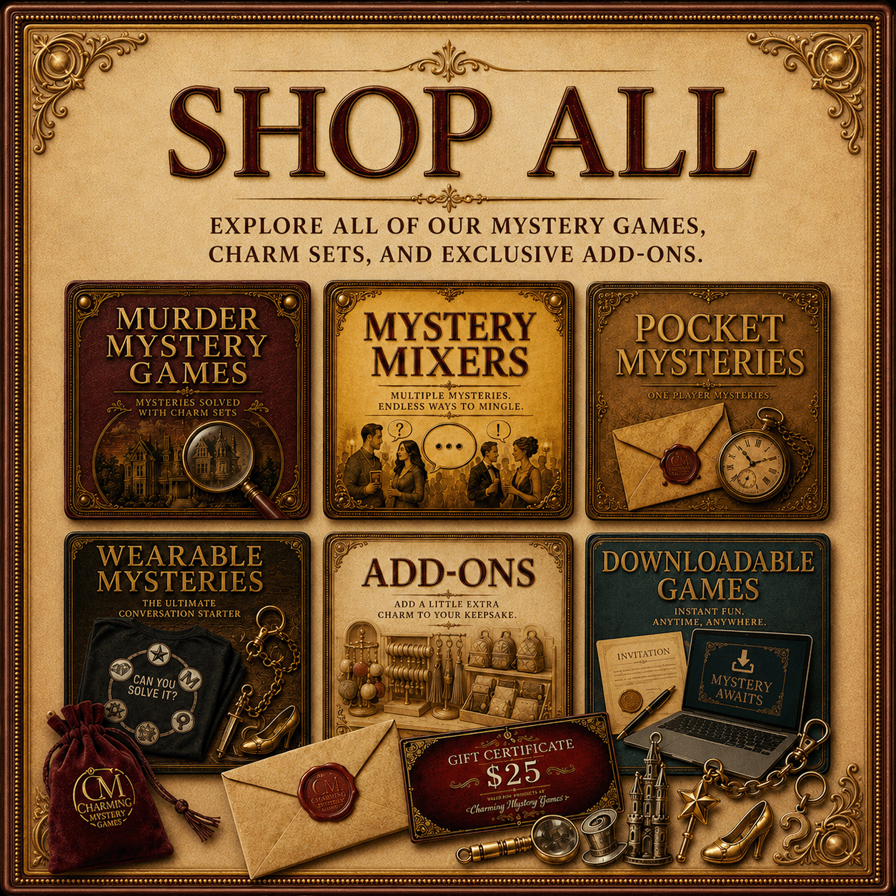 The graphic says Shop All and then lists Murder Mystery Games, Mystery Mixers, Pocket Mysteries, Wearable Mysteries, Add-Ons, and downloadable games. 
