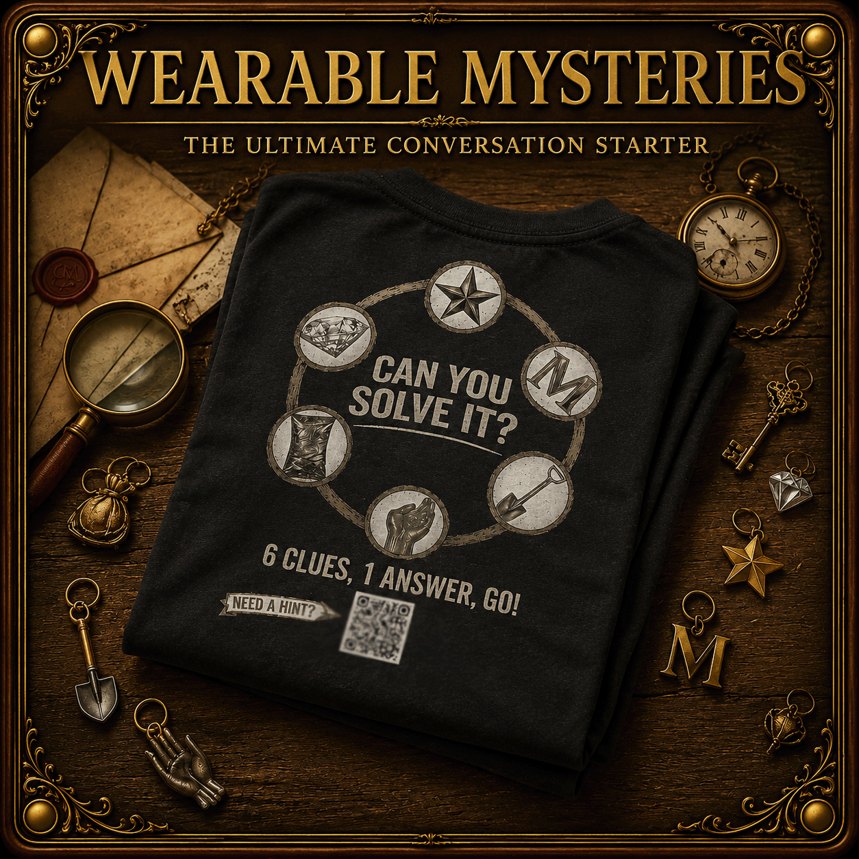Wearable Mysteries is the title and it is revealing a shirt with six clues and it says Can you solve it.