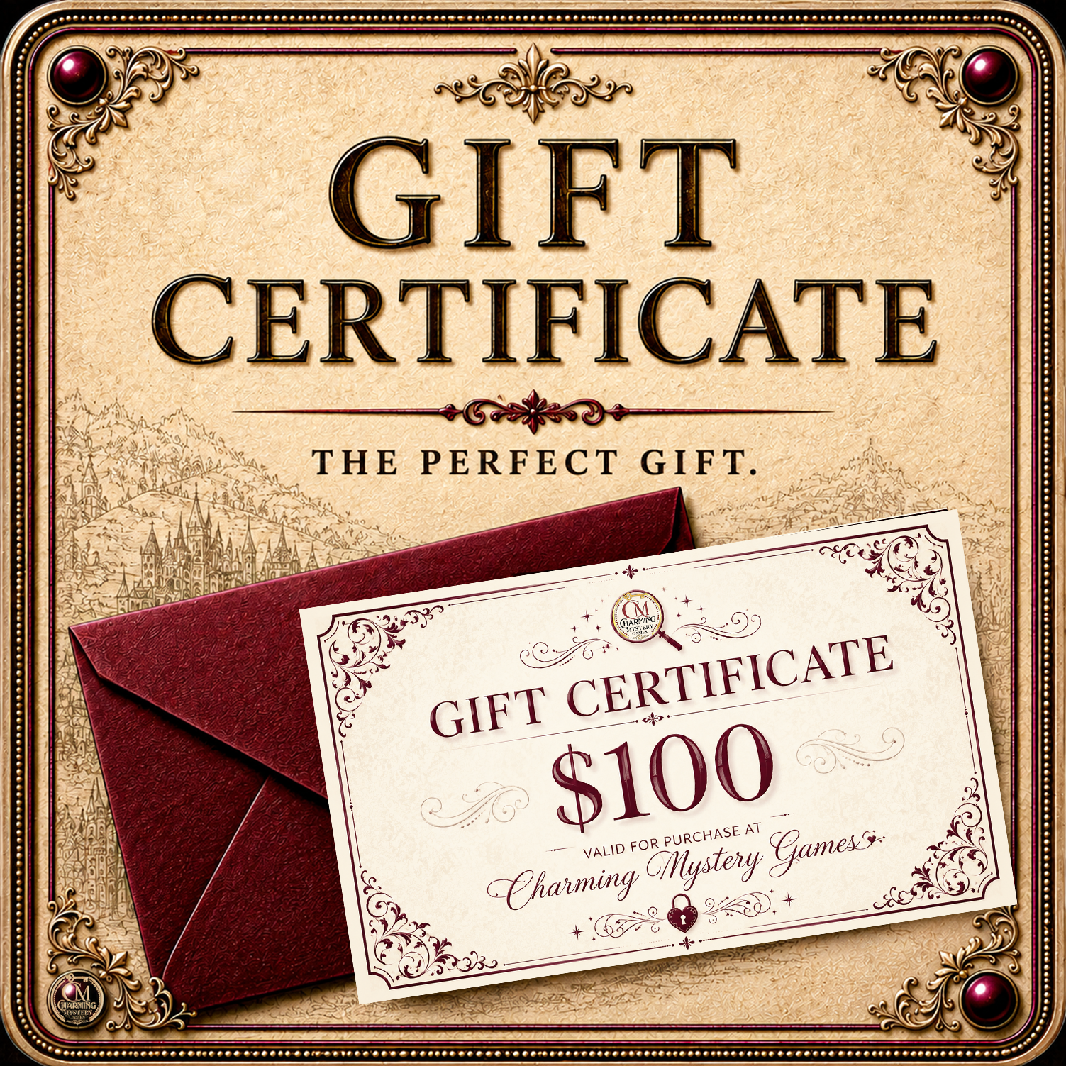 A 100 dollar gift certificate for Charming Mystery Games. 