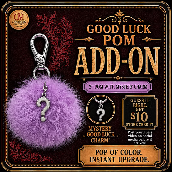 Purple pom-pom keychain with question mark charm on a promotional card for 'Good Luck Pom Add-On'.