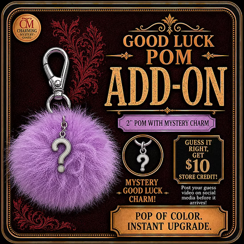 Purple pom-pom keychain with question mark charm on a promotional card for 'Good Luck Pom Add-On'.