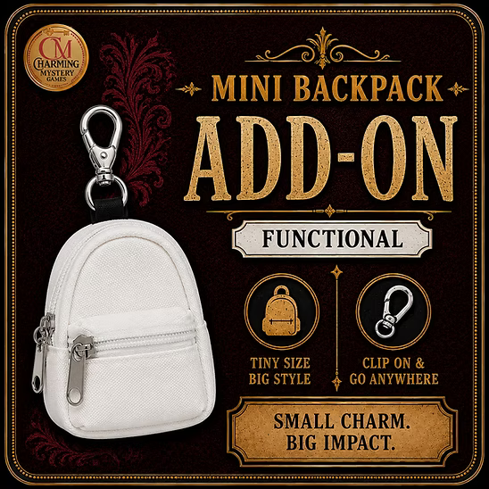 White mini backpack add-on with keychain clip on a decorative black background