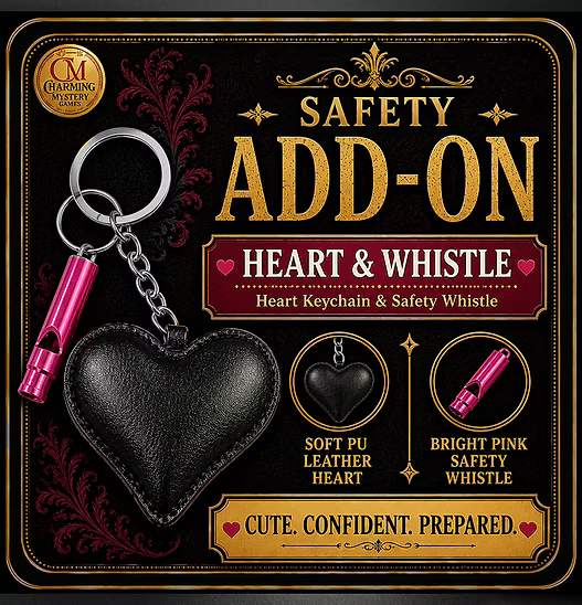 Heart keychain with safety whistle on a decorative packaging