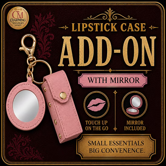 Pink lipstick case with mirror on a dark background with text and branding.