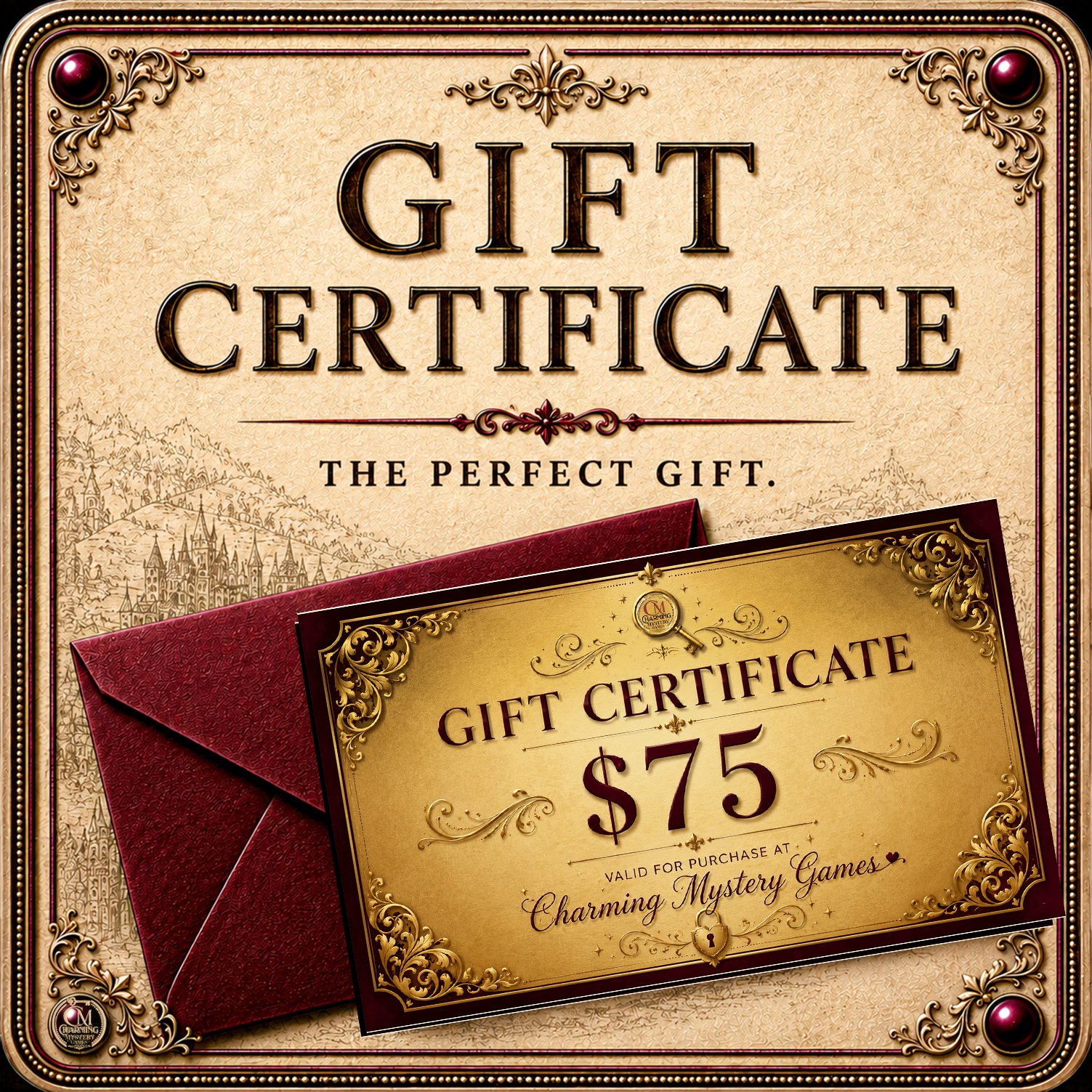 A 75 dollar gift certificate for Charming Mystery Games. 