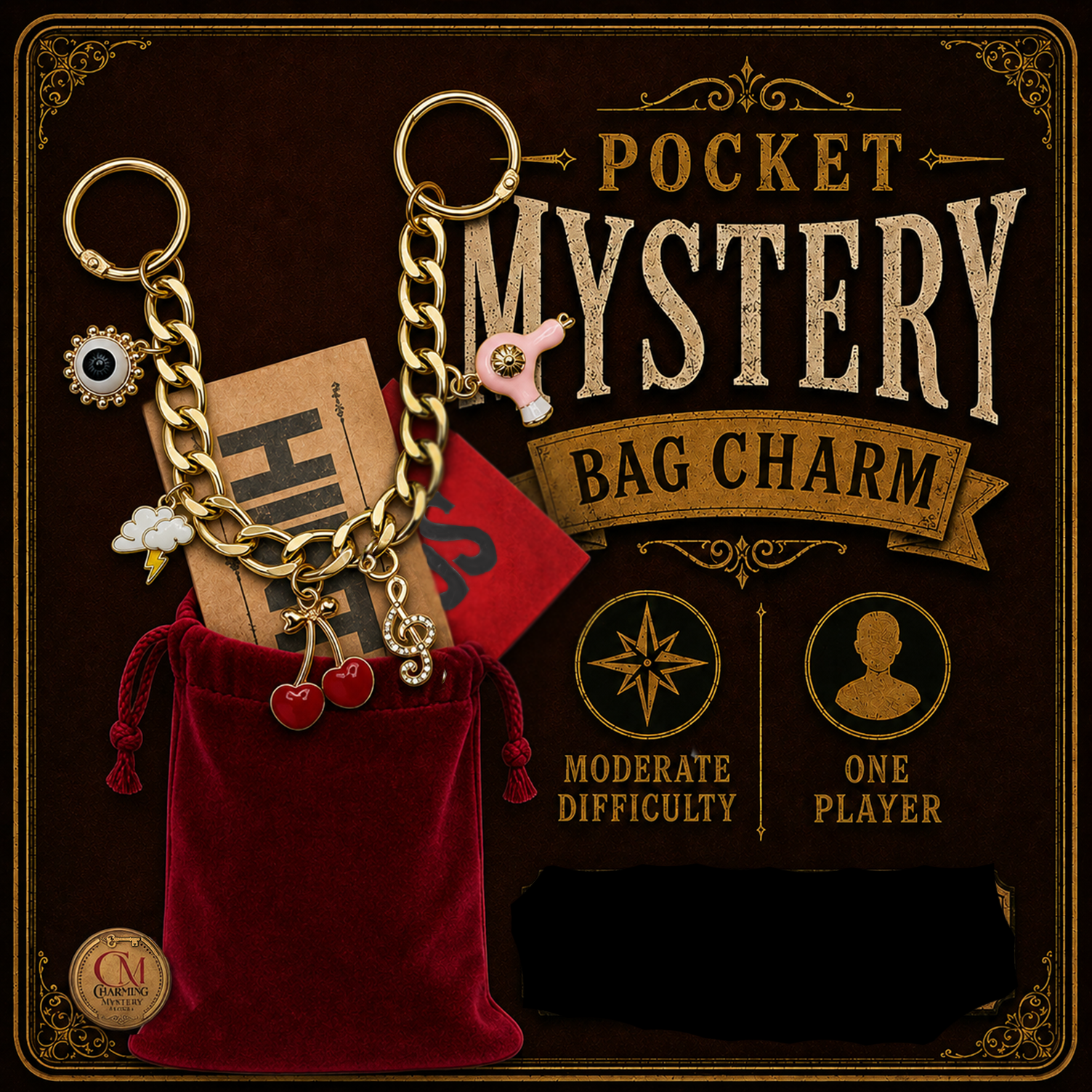 Pocket Mystery Bag Charm with decorative text and design on a dark background.