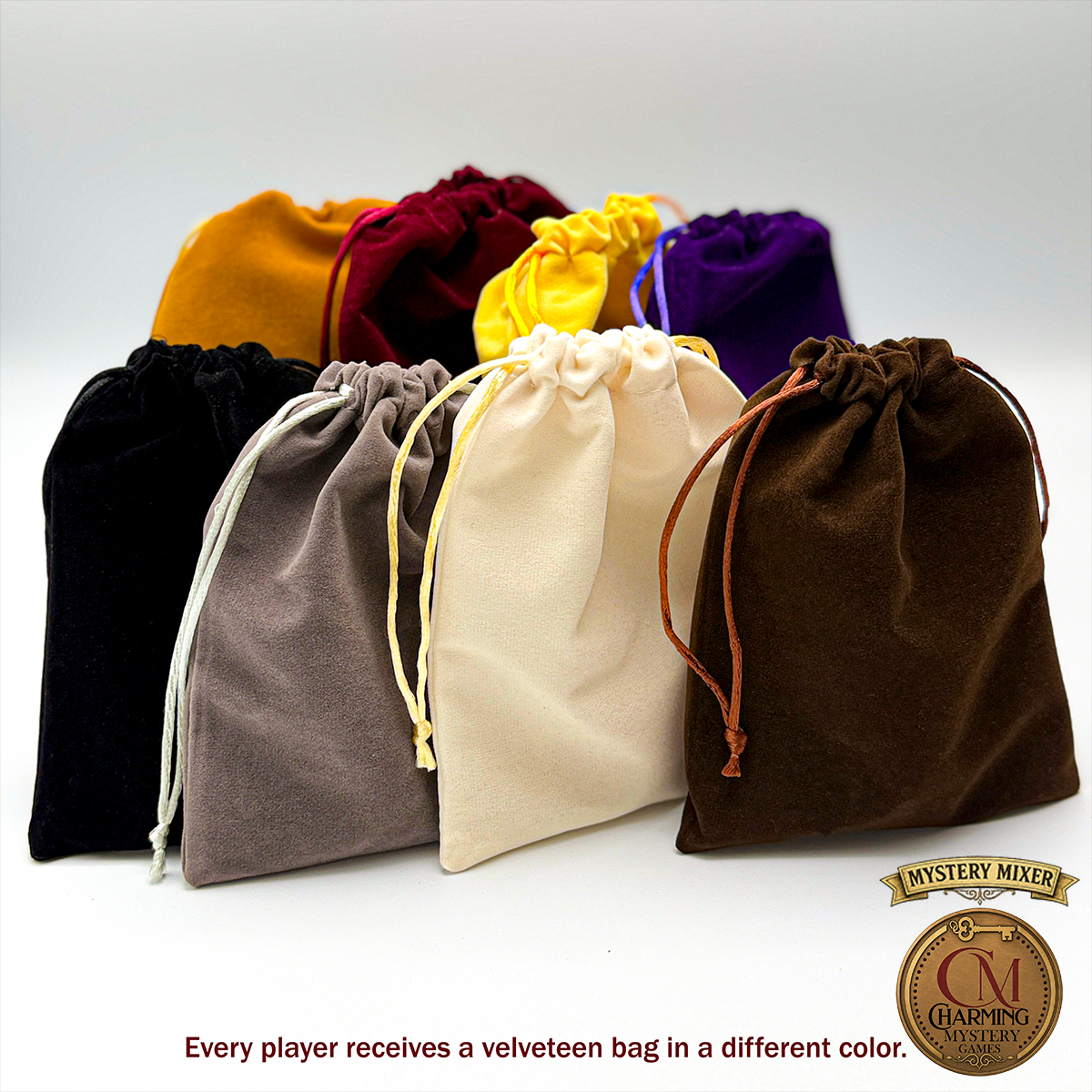 Velveteen bags in 8 colors for the Mystery Party Game.
