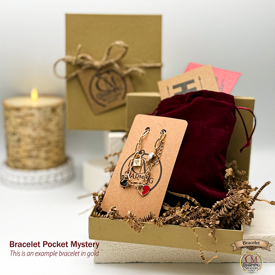 A cute gold bracelet with charms is on a card in front of a velveteen bag with a kraft box in the background.