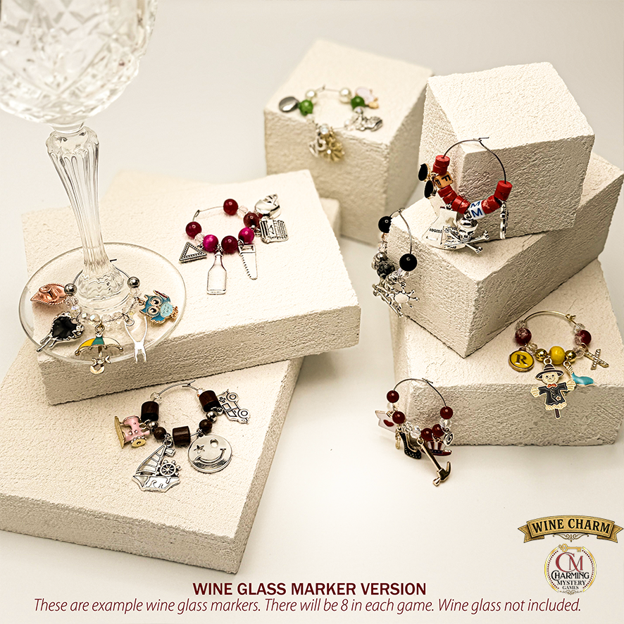 Wine glass marker sets with colorful charms. One of them is hooked onto a wine glass which isn't included with the game. 