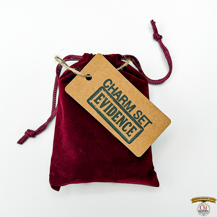 The burgundy velvet pouch that holds the charm sets for a murder mystery game. 