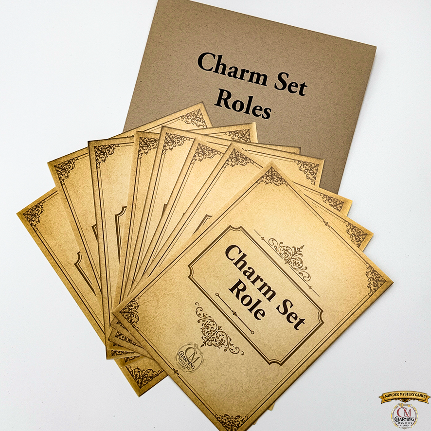Set of 'Charm Set Roles' cards on a white background for a mystery party game