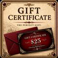 Gift certificate for 25 dollars with decorative border and envelope on a textured background