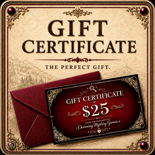 Gift certificate for 25 dollars with decorative border and envelope on a textured background