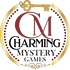 Logo of Charming Mystery Games with a gold key and decorative elements on a white background