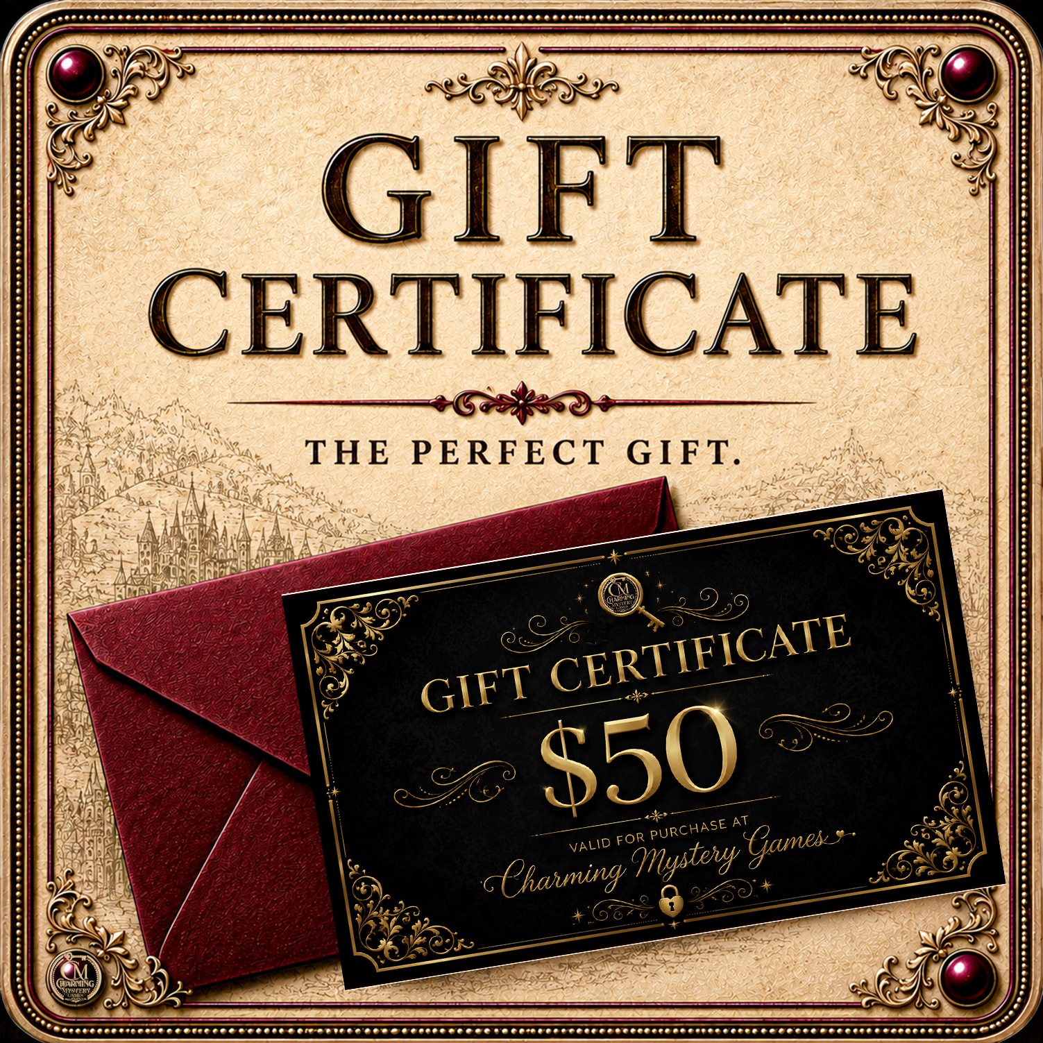 Decorative gift certificate with a red envelope on a vintage-style background