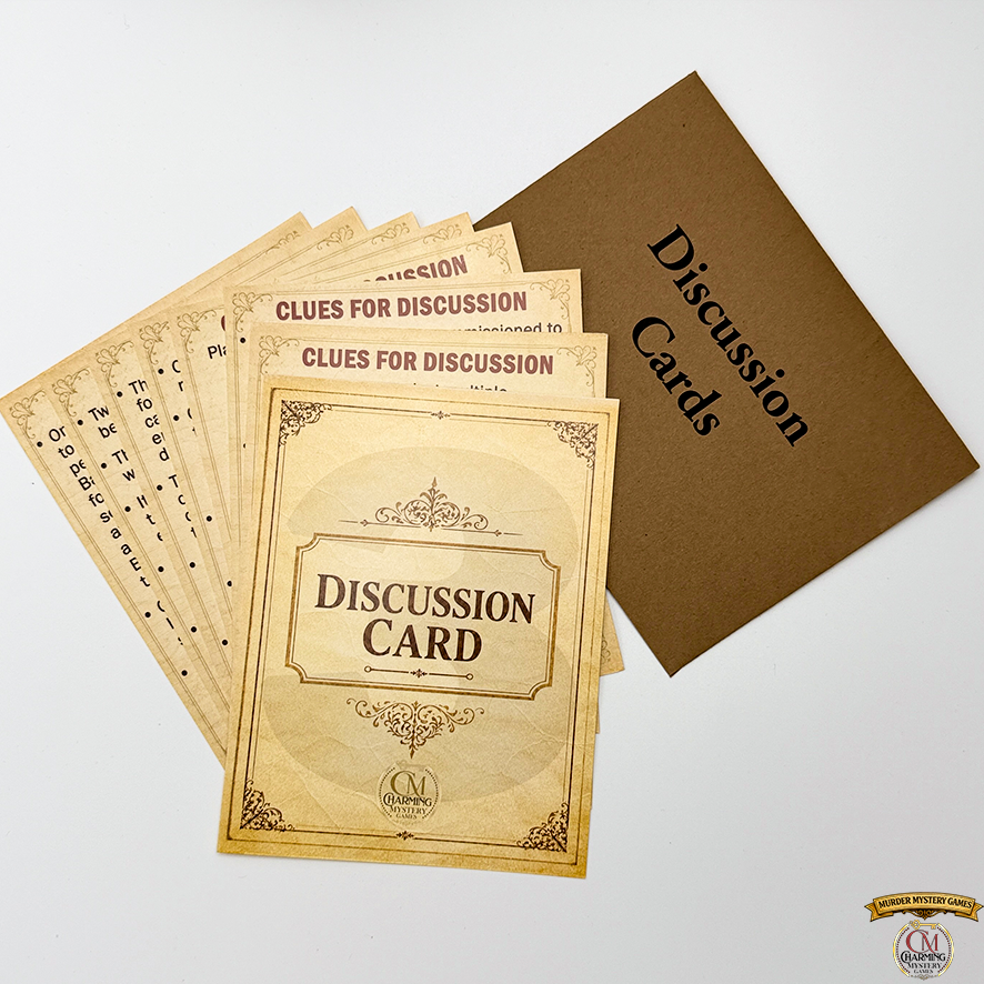 Collection of discussion cards with a brown envelope on a white background for a mystery party game