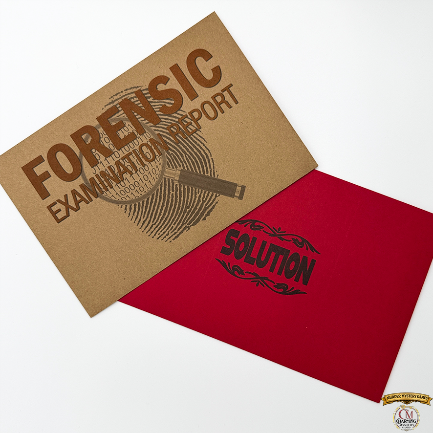 Brown and red folders with 'Forensic Examination Report' and 'Solution' text on a white background for a mystery party game