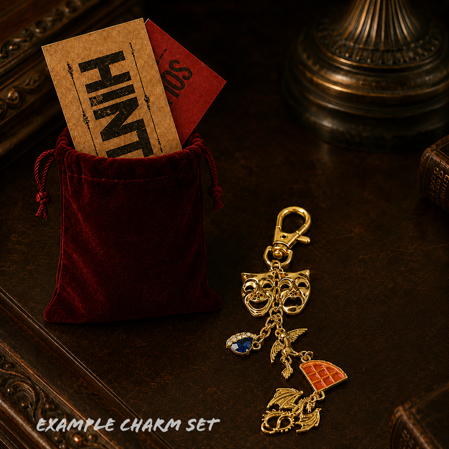 Gold charm set with 'HINT' card in a velvet bag on a dark surface