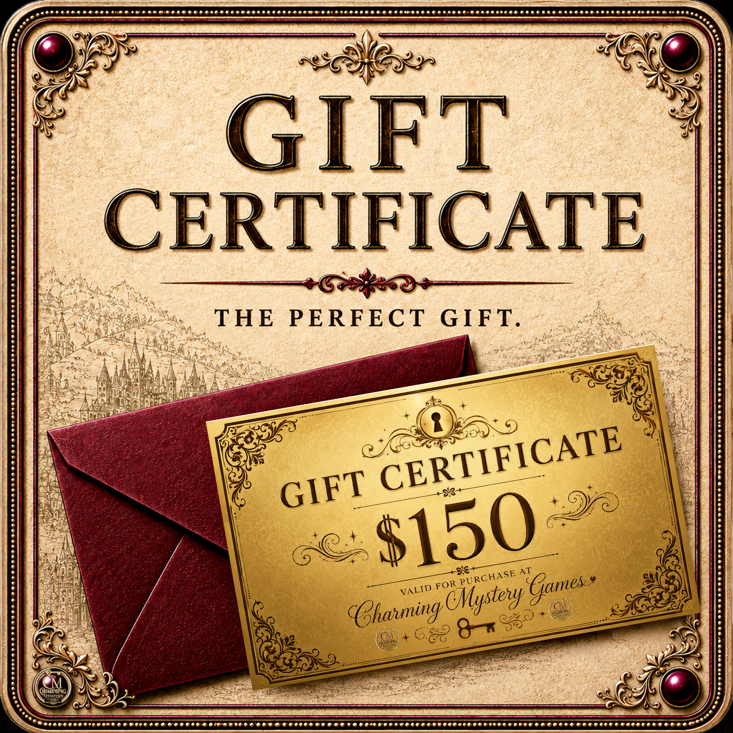 A 150 dollar gift certificate for Charming Mystery Games. 