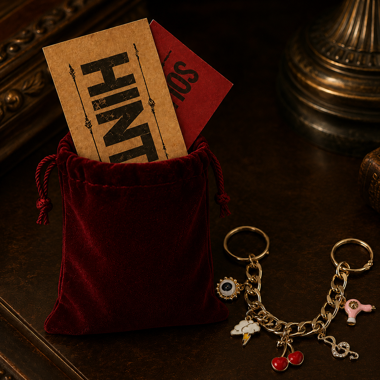 Keychain with charms on a dark surface next to a red pouch with cards inside