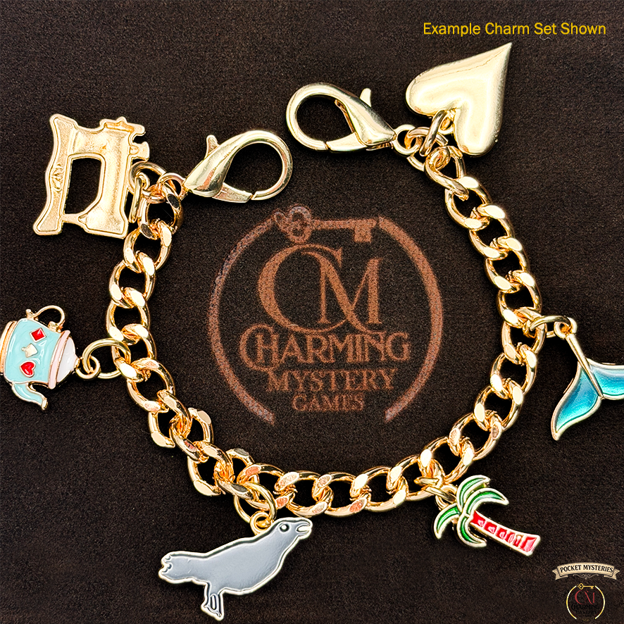 Gold charm bracelet with various charms on a black background featuring 'Charming Mystery Games' logo.