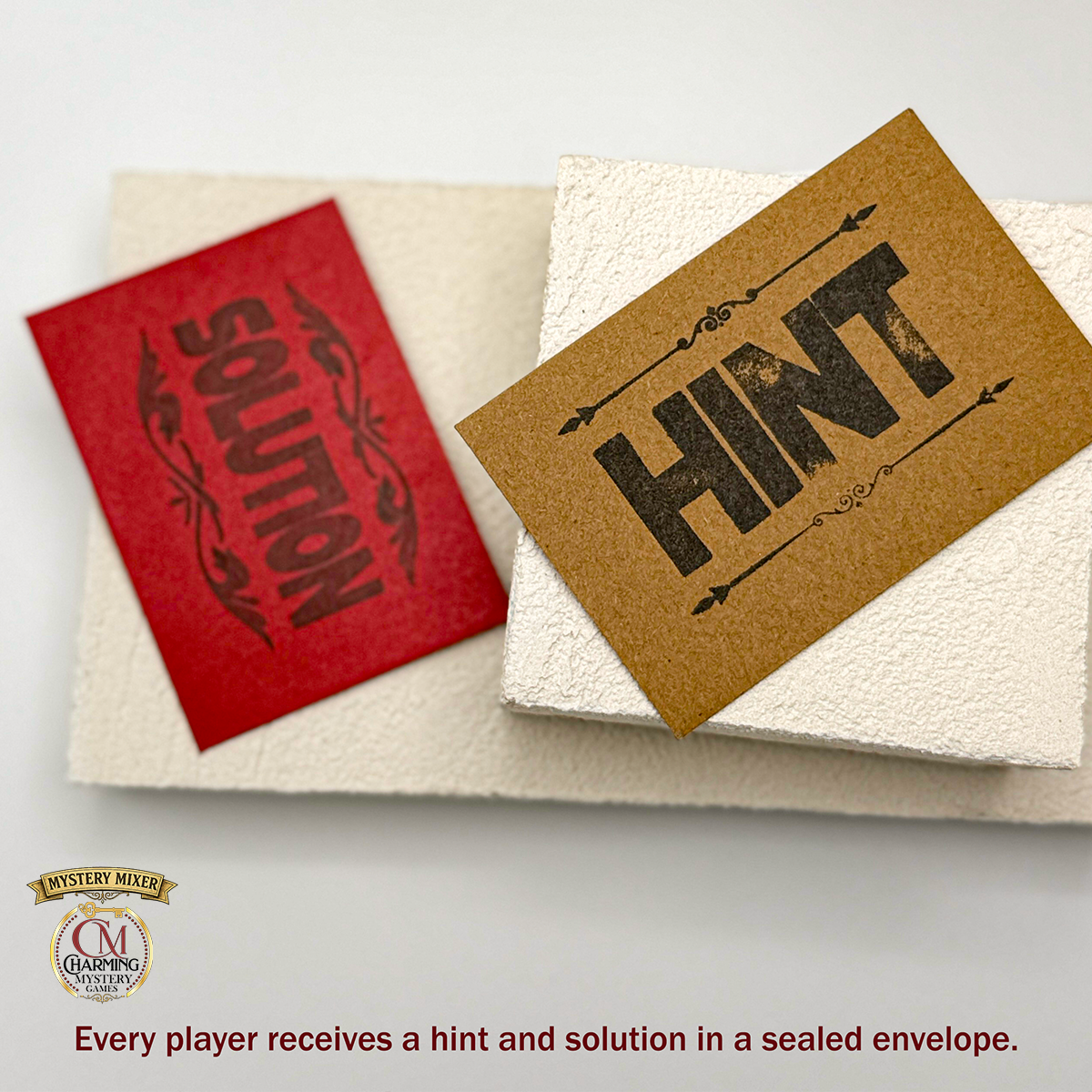 The hint and solution envelopes for the Mystery Mixer mystery party game