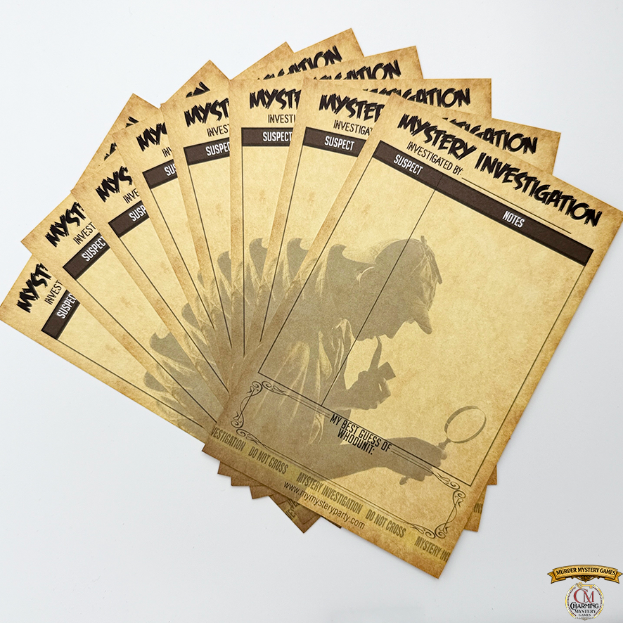 Set of mystery investigation cards on a white background