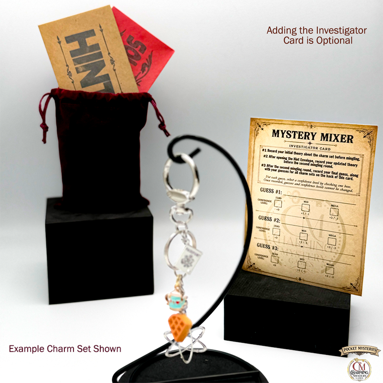 Mystery mixer game set with charm, cards, and packaging on a white background