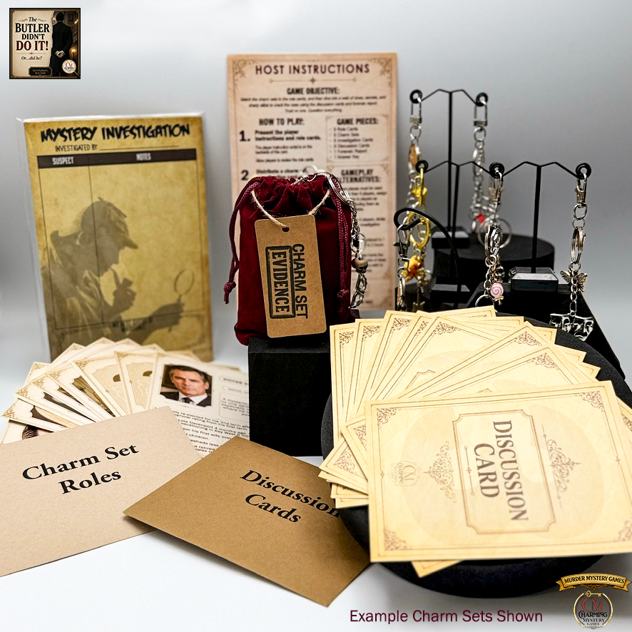 A murder mystery game kit.  It has instructions, a velvet pouch, 8 keychain charm sets, investigation cards, role cards and two envelopes. 