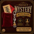 Pocket Mystery Keychain with red velvet bag and 'Hint' card on a dark background