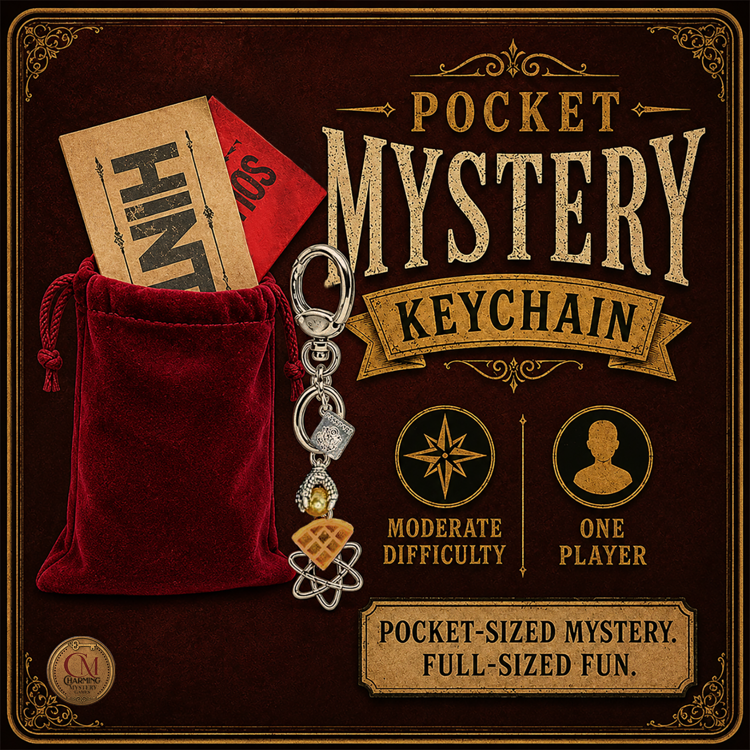 Pocket Mystery Keychain with red velvet bag and 'Hint' card on a dark background