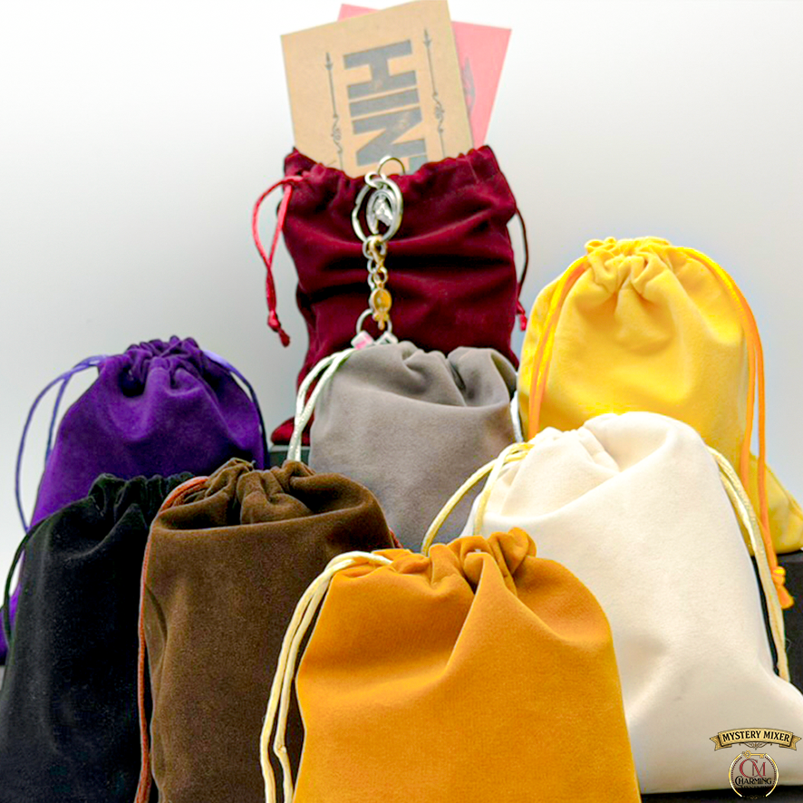 Collection of colorful drawstring bags on a white background for a mystery game