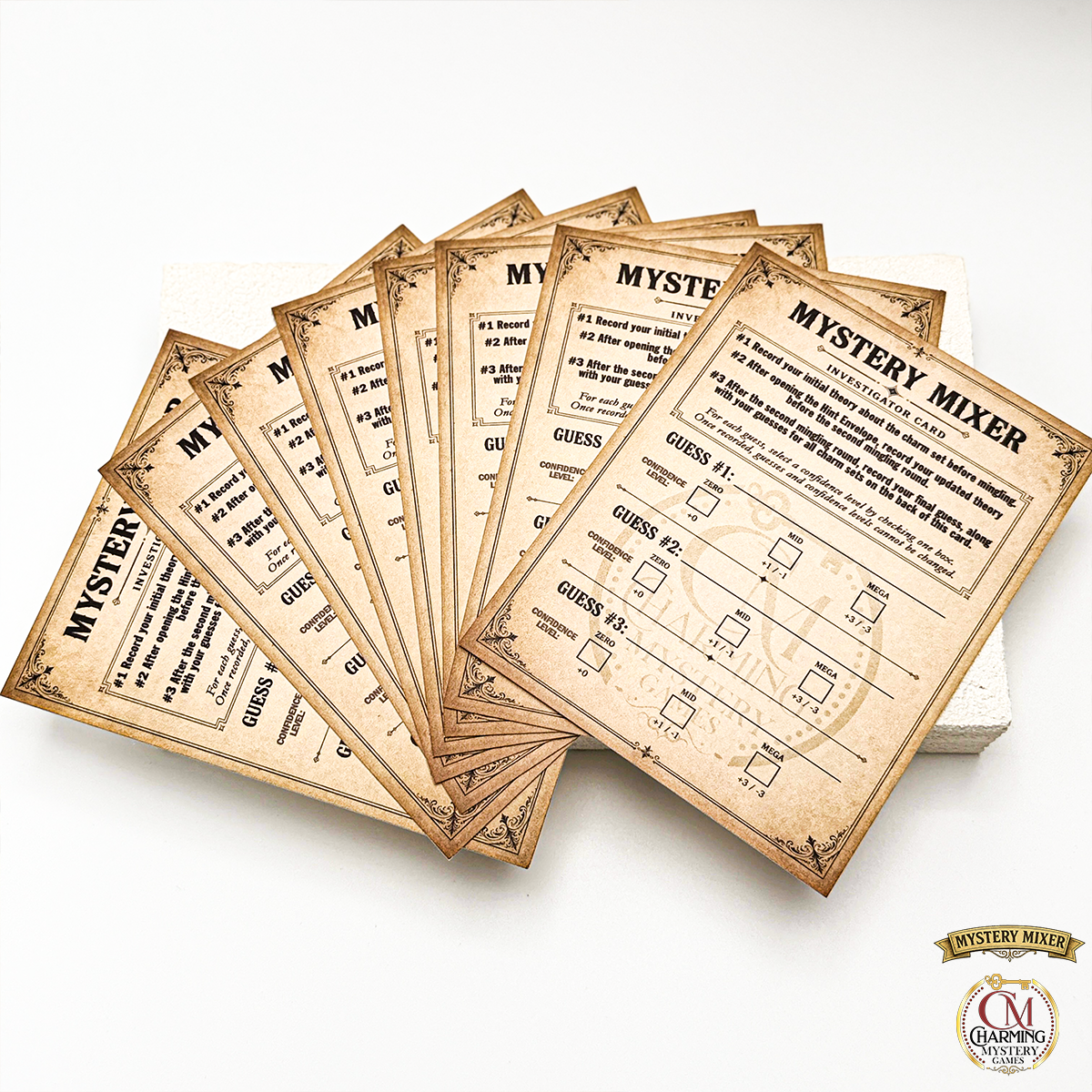 Investigator cards for the Mystery Mixer game.