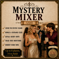 The Mystery Mixer mystery party game being played by a couple who are having fun studying a keychain. It says Decode the mystery charms, mingle and exchange clues, reveal secret hints, track your deductions, and highest score wins. 