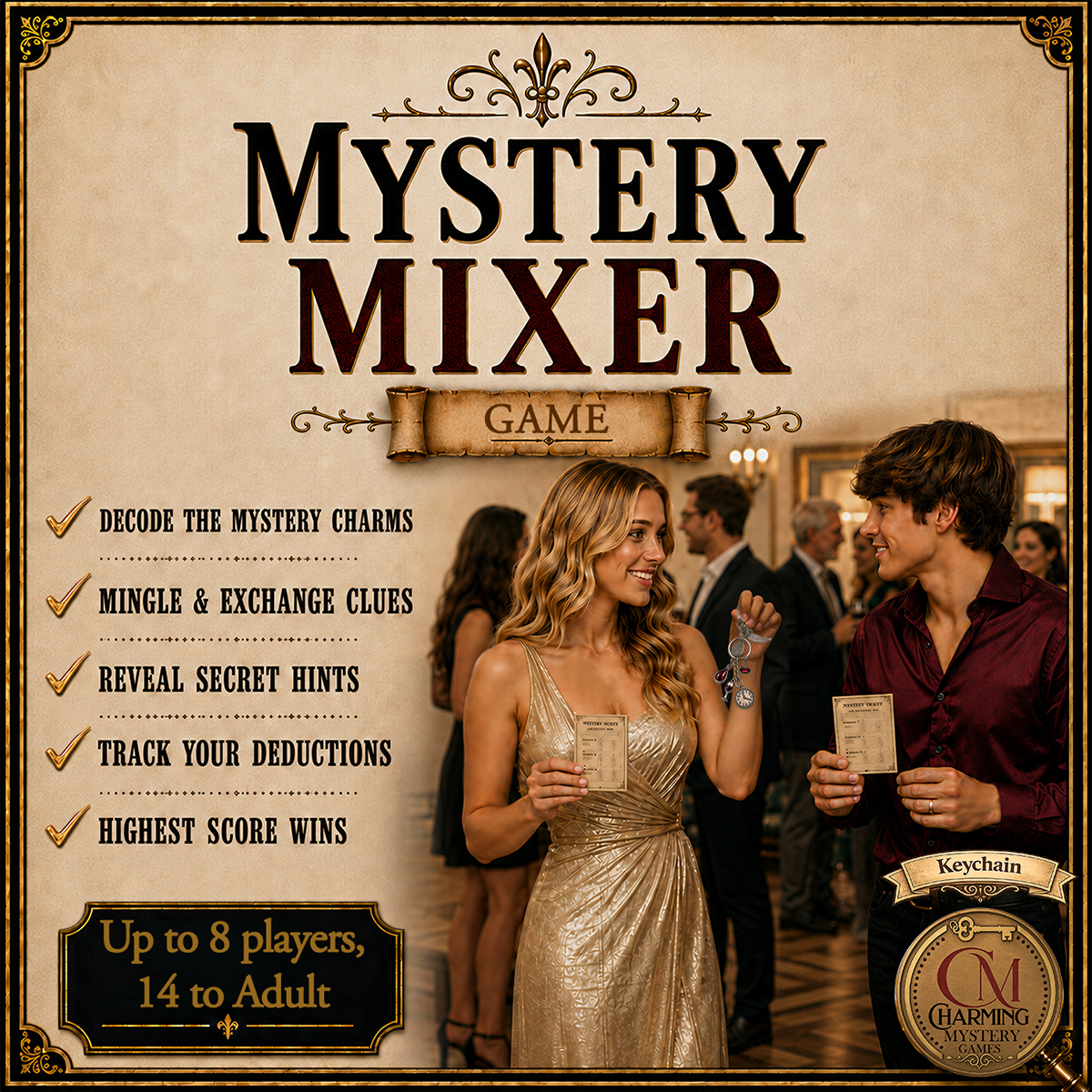 The Mystery Mixer mystery party game being played by a couple who are having fun studying a keychain. It says Decode the mystery charms, mingle and exchange clues, reveal secret hints, track your deductions, and highest score wins. 
