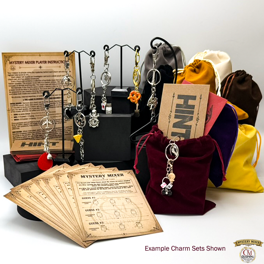 Mystery game with charm set with packaging, cards, and bags on a white background