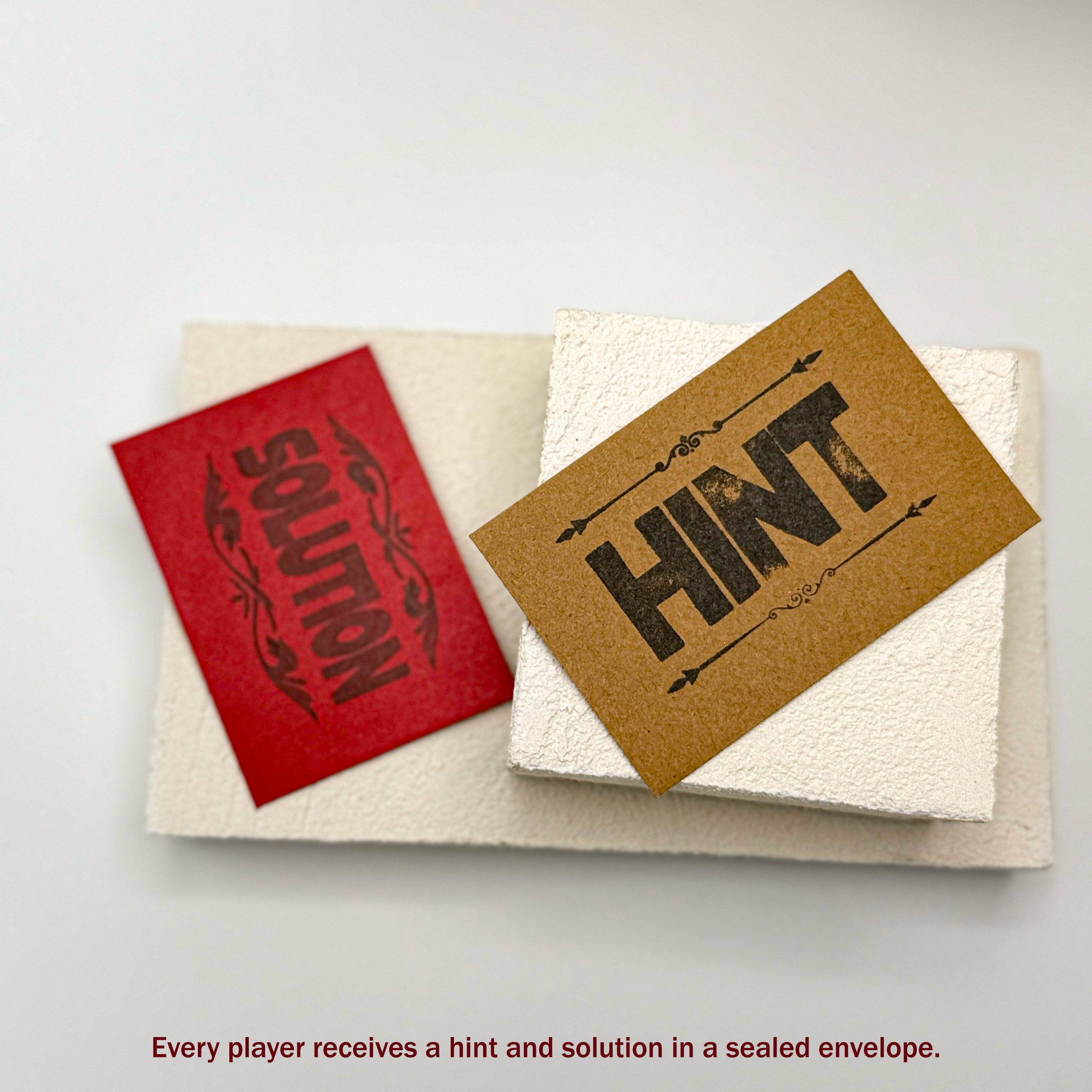 The hint and solution envelopes for a mystery mixer game