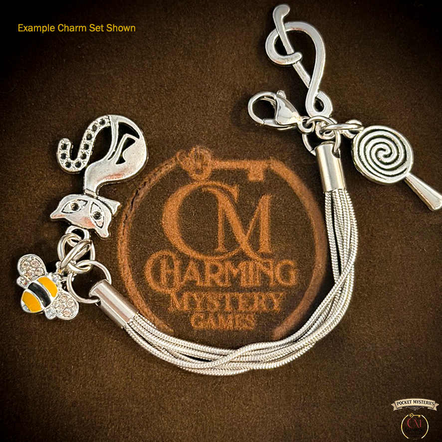 Silver charm bracelet with various charms on a brown background with 'Charming Mystery Games' branding.