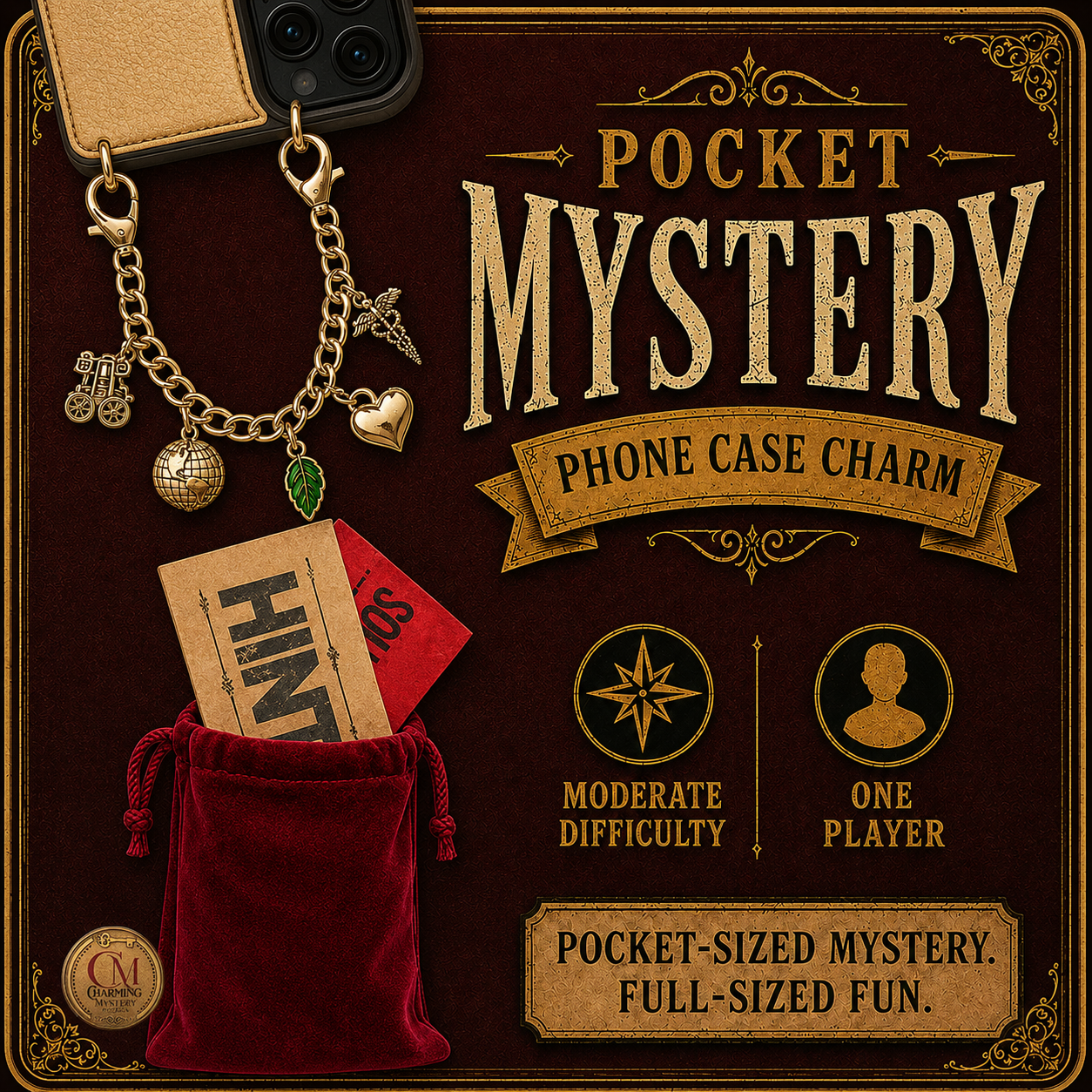 Phone case charm with 'Pocket Mystery' branding on a brown background