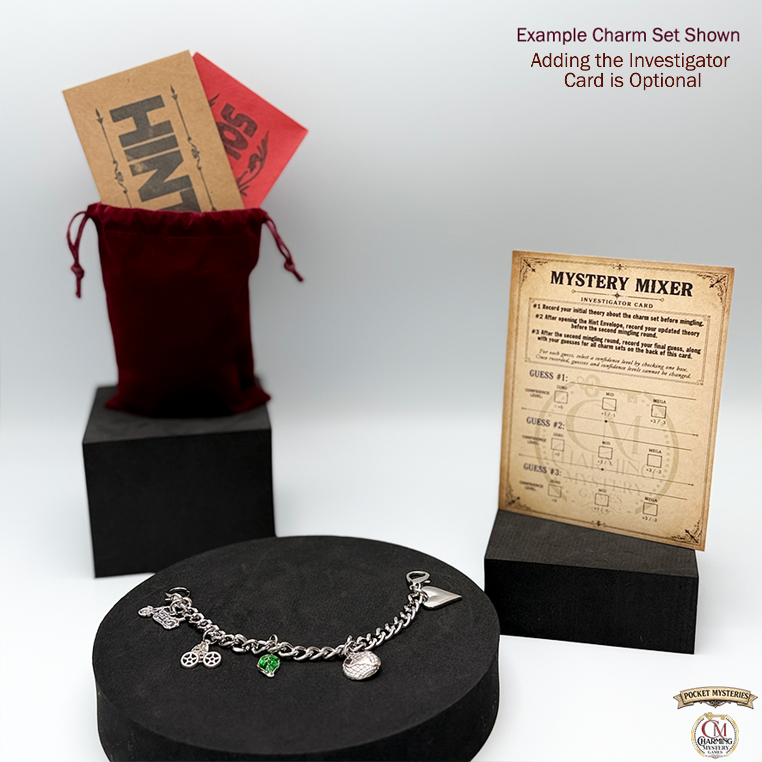 Charm set with a black stand, red velvet bag, and 'Mystery Mixer' card on a white background.