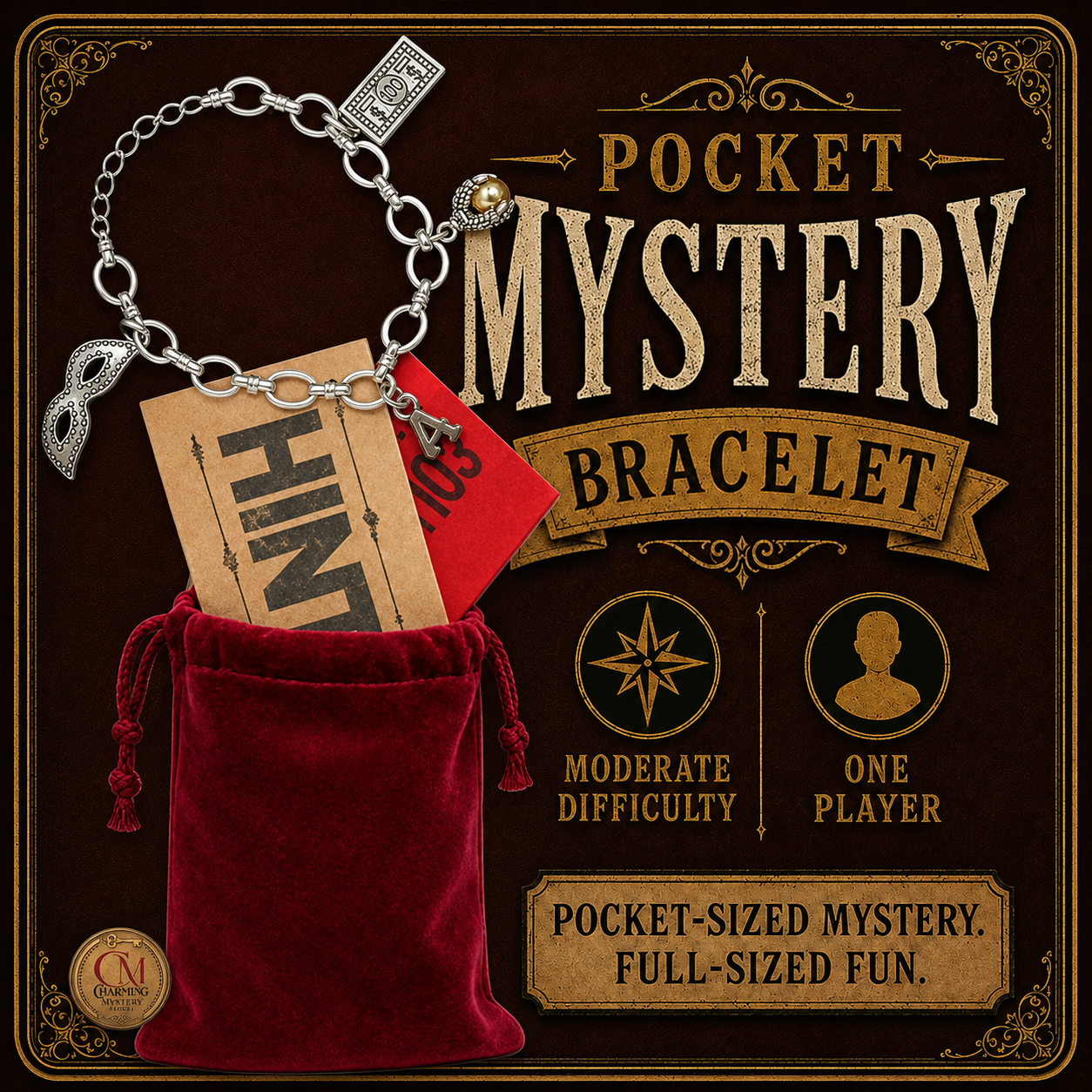 Pocket Mystery Bracelet with red velvet bag and 'Hint' card on a dark background