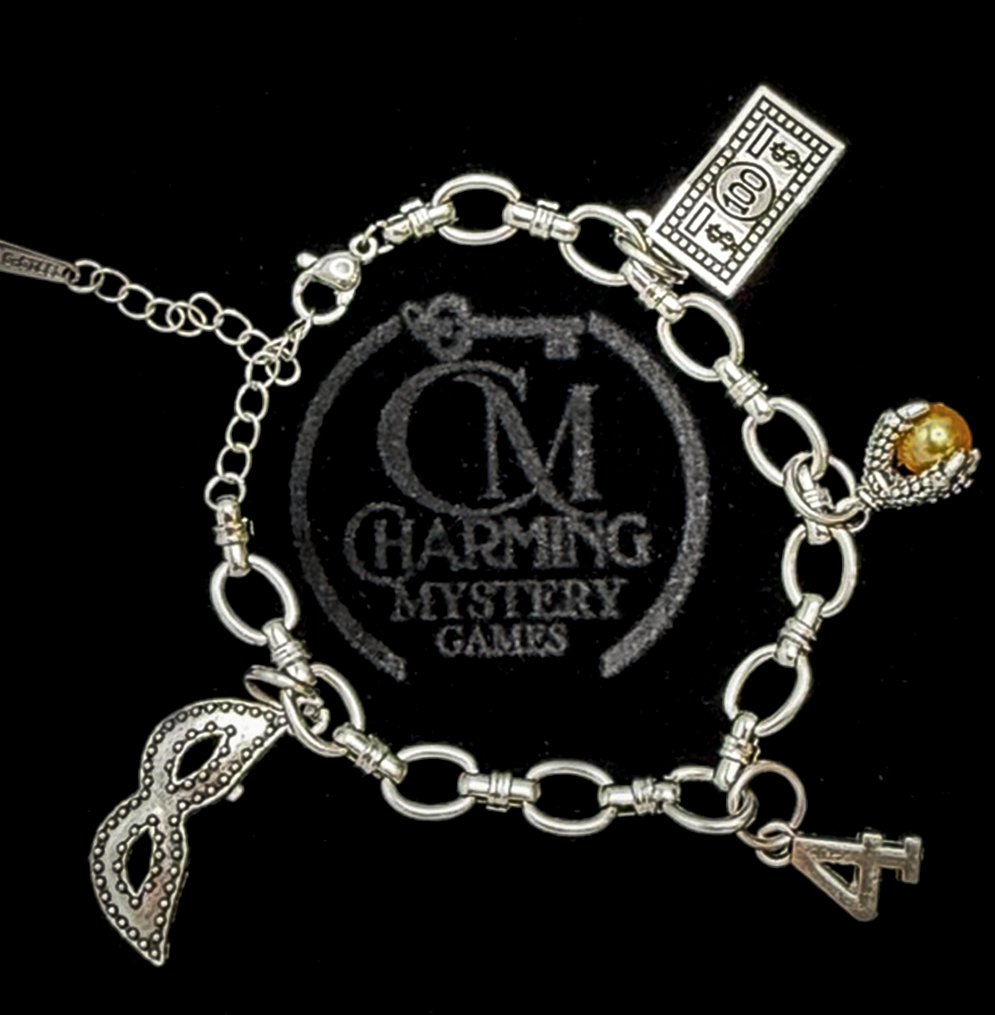 Silver charm bracelet with various charms on a black background with 'Charming Mystery Games' logo.