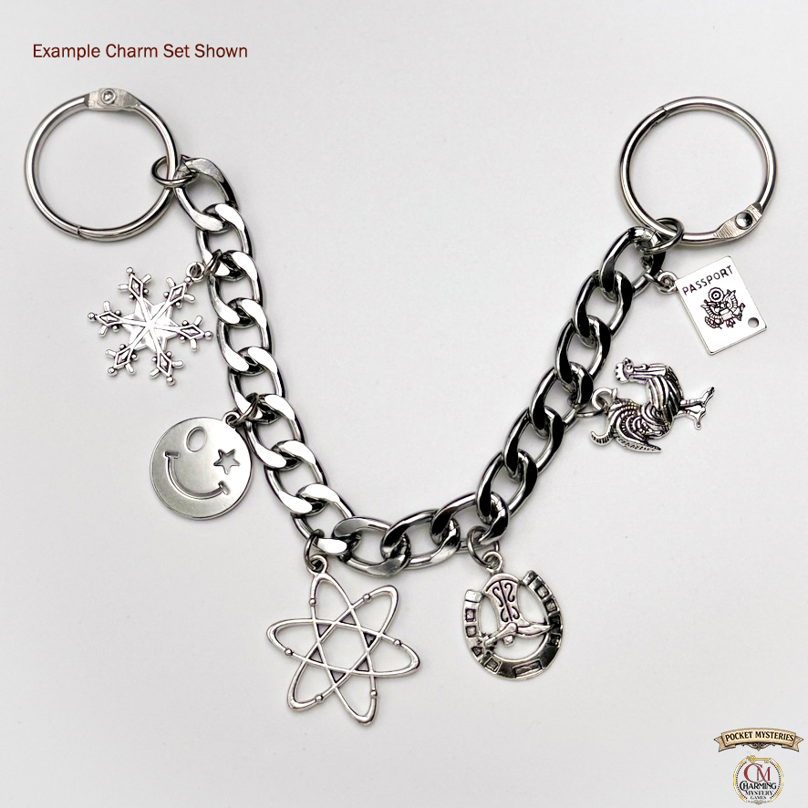 Silver chain keychain with various charms on a white background