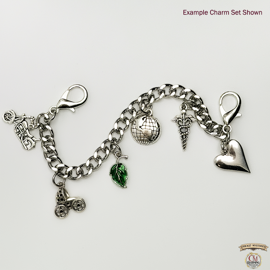 Silver charm bracelet with various charms on a white background.