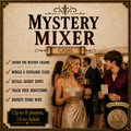 A lady is holding a wine glass and a Mystery Mixer card.  The game instructions on the art say: decode the mystery charms, mingle & exchange clues, reveal secret hints, track your deductions, highest score wins. 