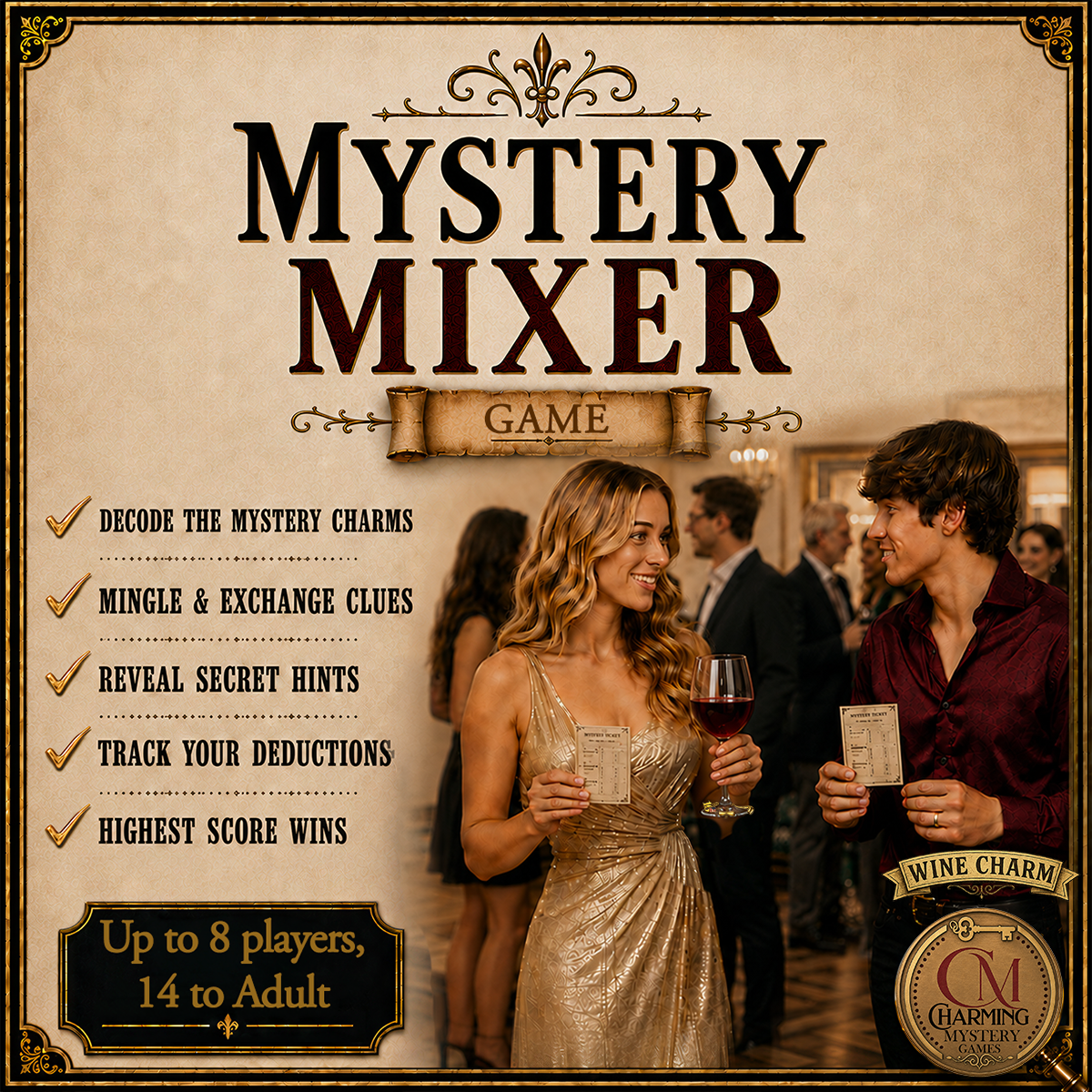 A lady is holding a wine glass and a Mystery Mixer card.  The game instructions on the art say: decode the mystery charms, mingle & exchange clues, reveal secret hints, track your deductions, highest score wins. 