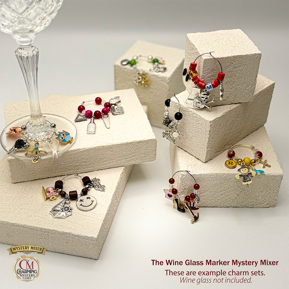 Examples of the Mystery Mixer wine glass marker charm sets. 