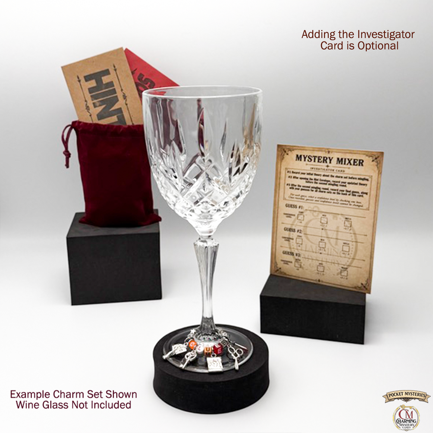 Wine glass with charms and a mystery mixer sign on a white background